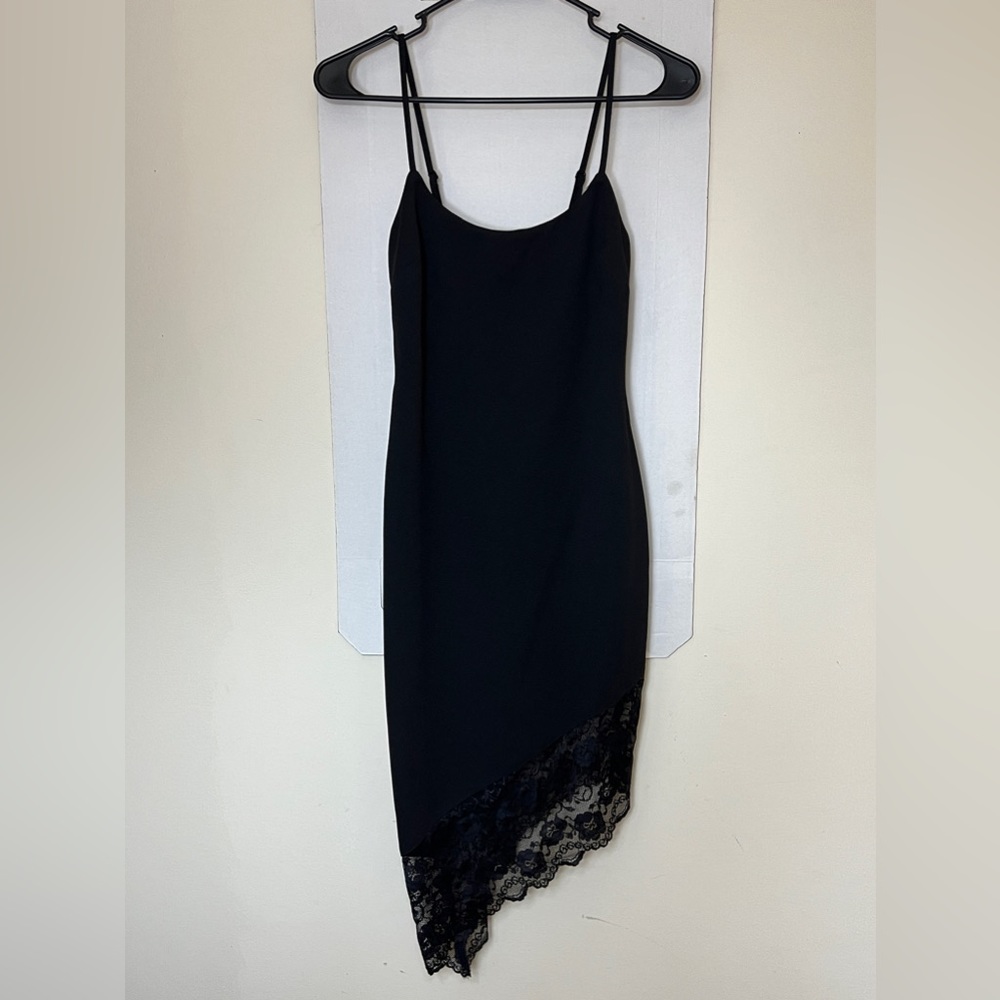 Black Y2K Midi Dress Lace Trim Asymmetrical Spaghetti Straps Size 3/4 Next/Up